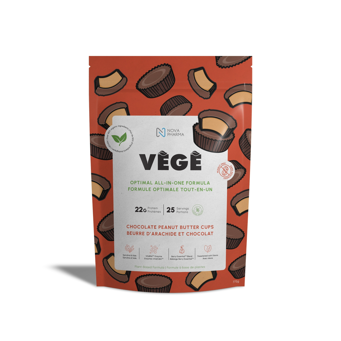 VEGE - PROTÉINES VÉGÉTALES, 25 PORTIONS - BEURRE D'ARACHIDE ET CHOCOLAT